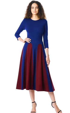 BY610383-3 Color Block  Sleeve Round Neck Midi Dress